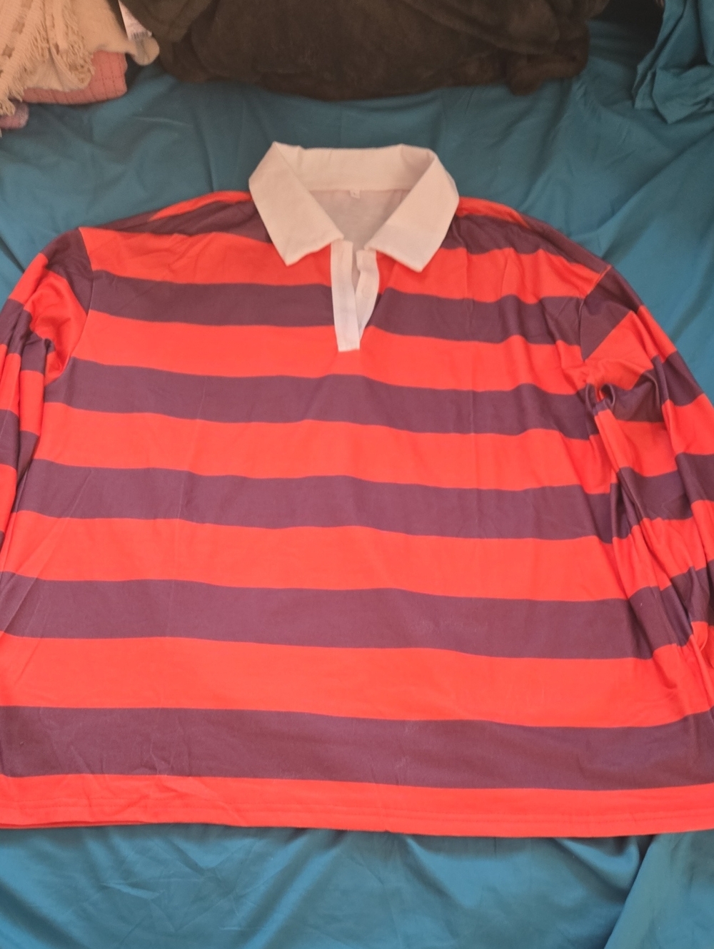 Striped Long-Sleeve Rugby Shirt in Coral and Purple - Classic Polo Collar Wm L